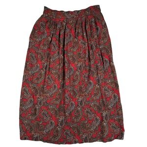 Vintage 90s Red Paisley Rayon Midi Skirt Pockets Made in USA Academia boho print